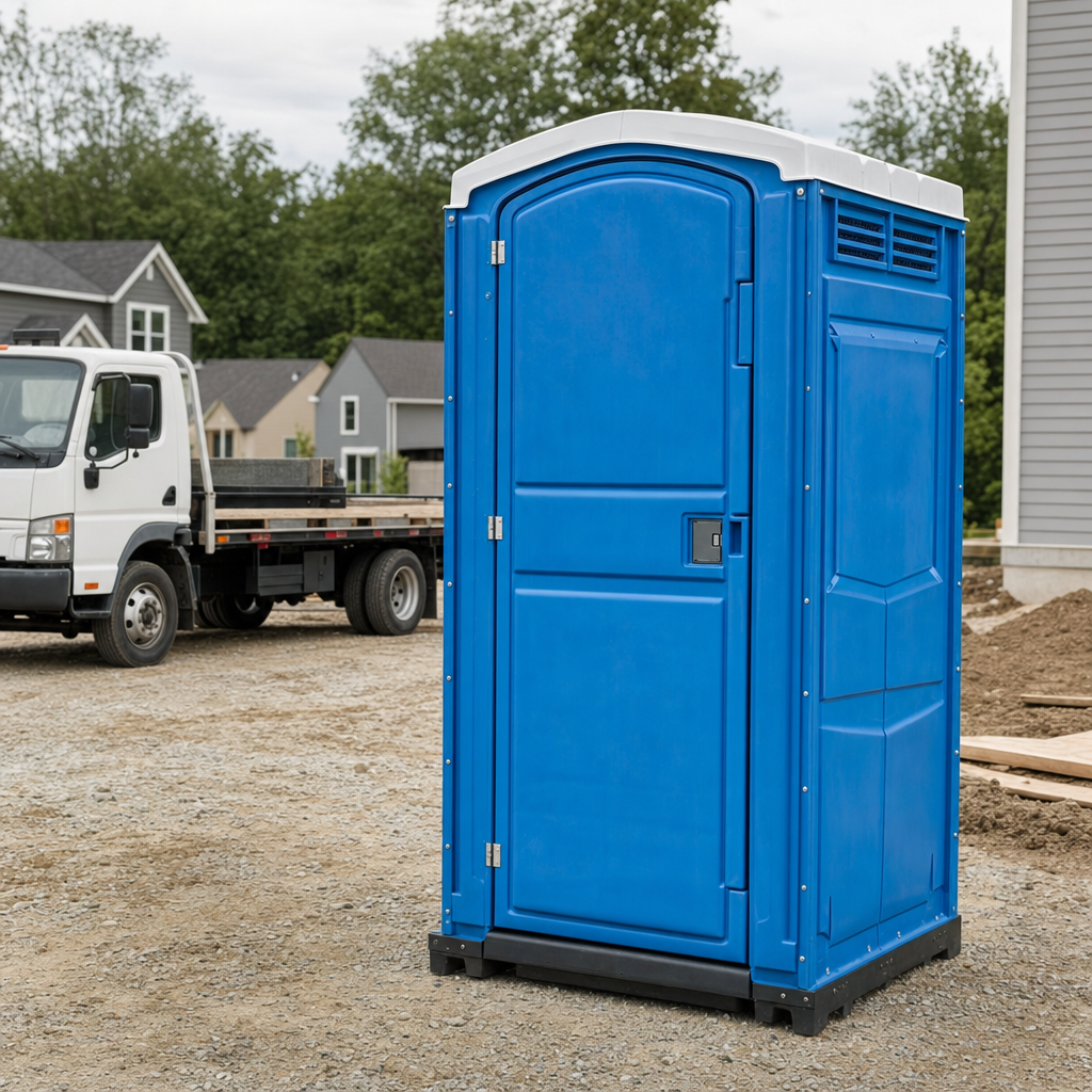 Delivery driver positioning a clean royal-blue portable toilet on level ground at a Washington worksite