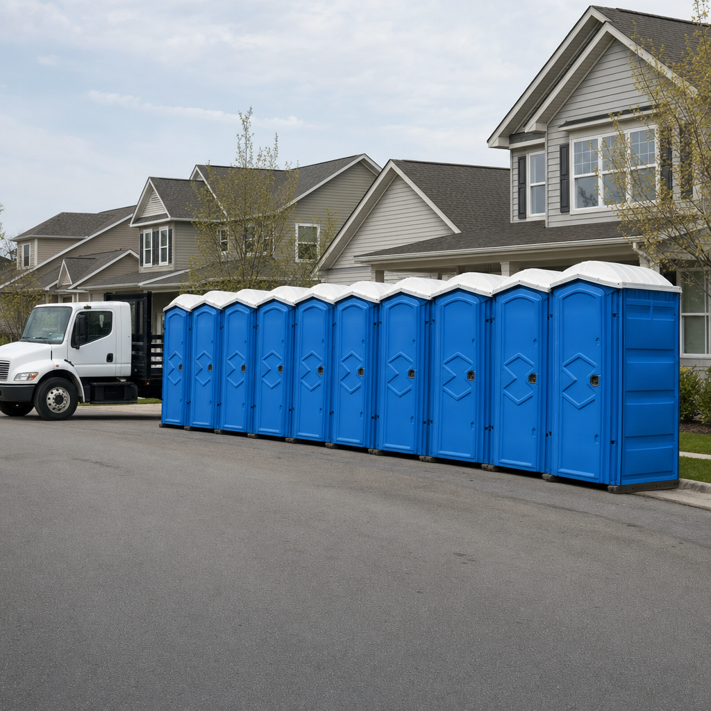 Royal blue portable toilets staged in a tidy row at a Washington jobsite, ready for delivery